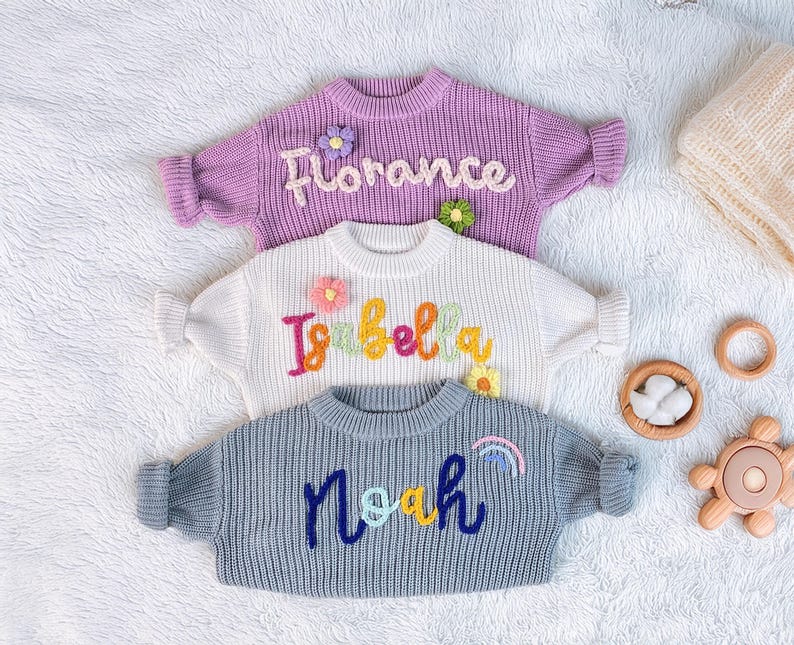 Embroidered Name Baby Sweater, Personalized Baby Name Knit Sweater, Embroidered Knit Jumper, First Birthday Gift, Baby Shower Gifts