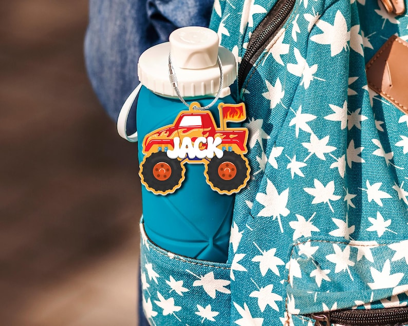 Custom Monster Truck Name Keychain, Kids Backpack Tag, Personalized Boys Bag Charm, Back to School Gift, Birthday Favor for Boys, Kid Gifts