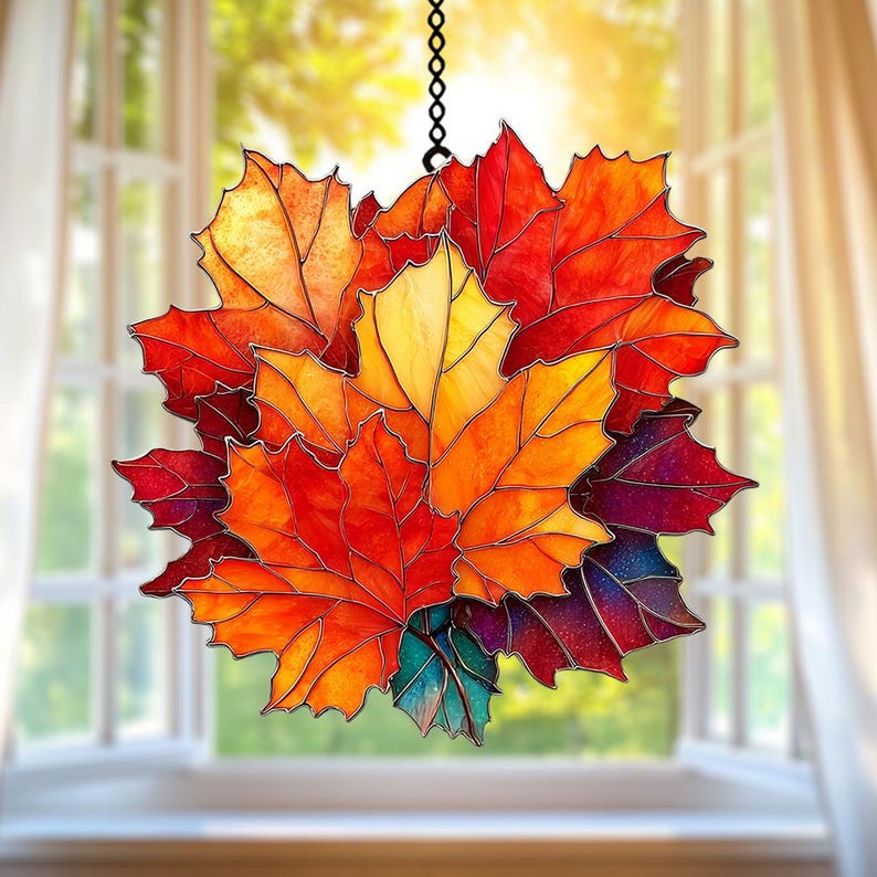 Fall Maple Leaf Faux Stained Glass Suncatcher Acrylic Hanging Window Art with Red, Orange & Gold Maple Leaves, Rustic Autumn Home Decor