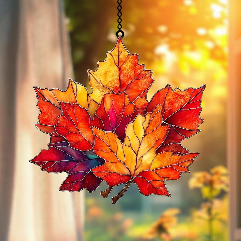 Fall Maple Leaf Faux Stained Glass Suncatcher Acrylic Hanging Window Art with Red, Orange & Gold Maple Leaves, Rustic Autumn Home Decor