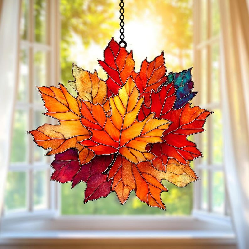 Fall Maple Leaf Faux Stained Glass Suncatcher Acrylic Hanging Window Art with Red, Orange & Gold Maple Leaves, Rustic Autumn Home Decor