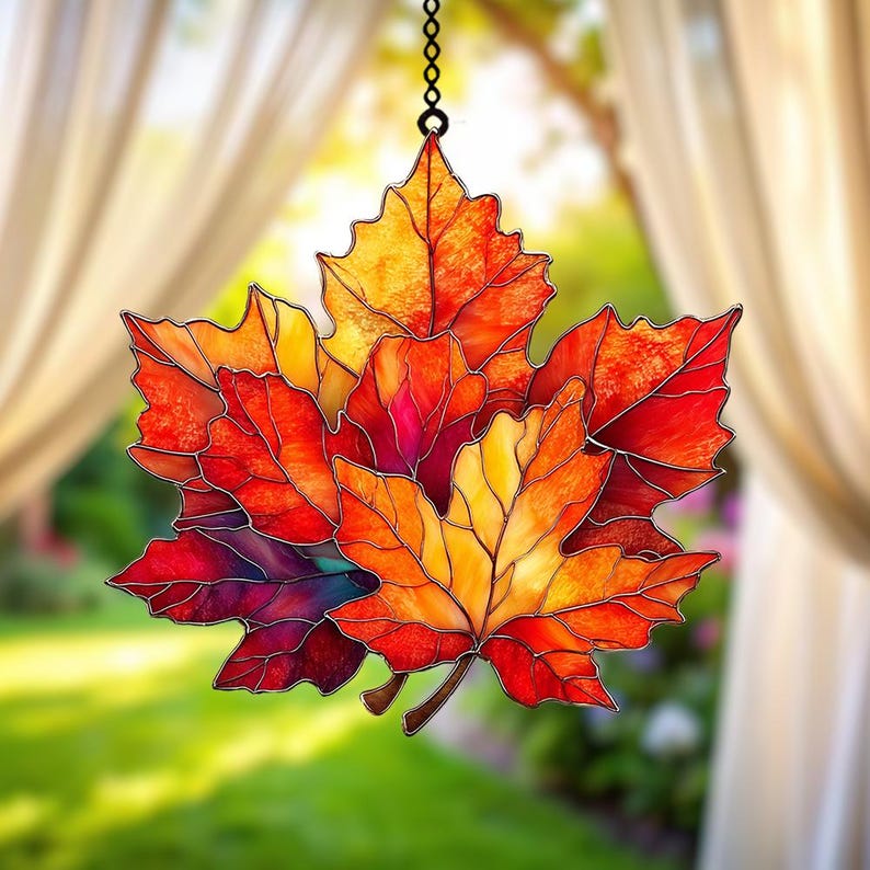 Fall Maple Leaf Faux Stained Glass Suncatcher Acrylic Hanging Window Art with Red, Orange & Gold Maple Leaves, Rustic Autumn Home Decor