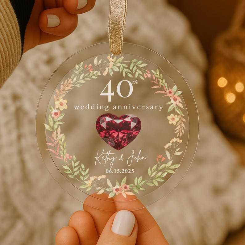Personalized 40th Wedding Anniversary Glass Ornament, 40 Years Anniversary Gifts for Parents, Forty Wedding Gift, Ruby Anniversary Gift