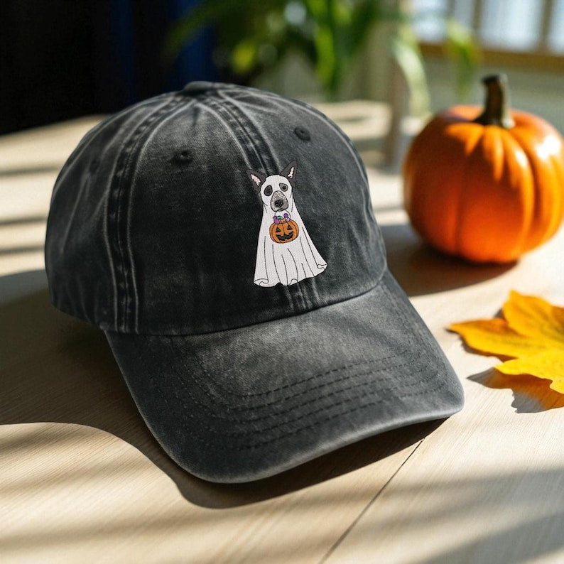 Custom Dog Embroidered Hat Halloween Ghost Dog Washed Hat Halloween Embroidered Baseball Hat Dogs Embroidered Cap Pet Ghost Hat il_794xN.7055952269_7ant.jpg