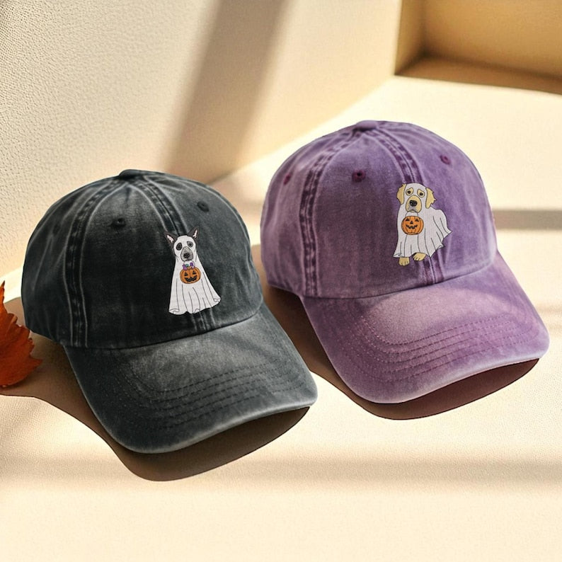 Custom Dog Embroidered Hat Halloween Ghost Dog Washed Hat Halloween Embroidered Baseball Hat Dogs Embroidered Cap Pet Ghost Hat il_794xN.7055952293_i0rz.jpg