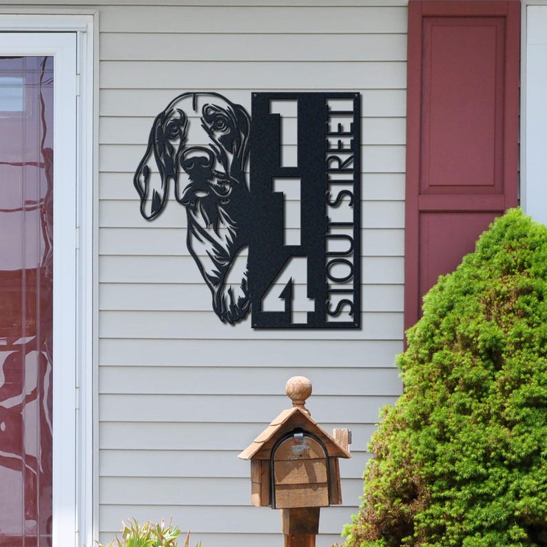 Dog House Number, Dog Address Sign, Bloodhound Dog Sign, Vertical House Number Plaque for Outdoor Use