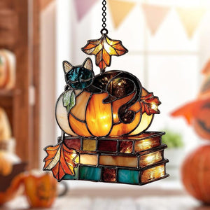 Cozy Cat and Pumpkin Faux Acrylic Suncatcher, Acrylic Autumn Window Art with Books and Maple Leaves, Fall Gift for Reader, Cat Mom