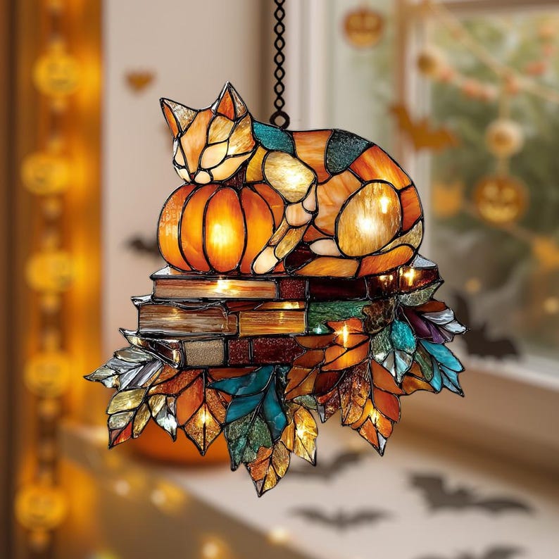 Cozy Cat and Pumpkin Faux Acrylic Suncatcher, Acrylic Autumn Window Art with Books and Maple Leaves, Fall Gift for Reader, Cat Mom