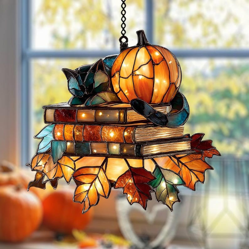 Cozy Cat and Pumpkin Faux Acrylic Suncatcher, Acrylic Autumn Window Art with Books and Maple Leaves, Fall Gift for Reader, Cat Mom