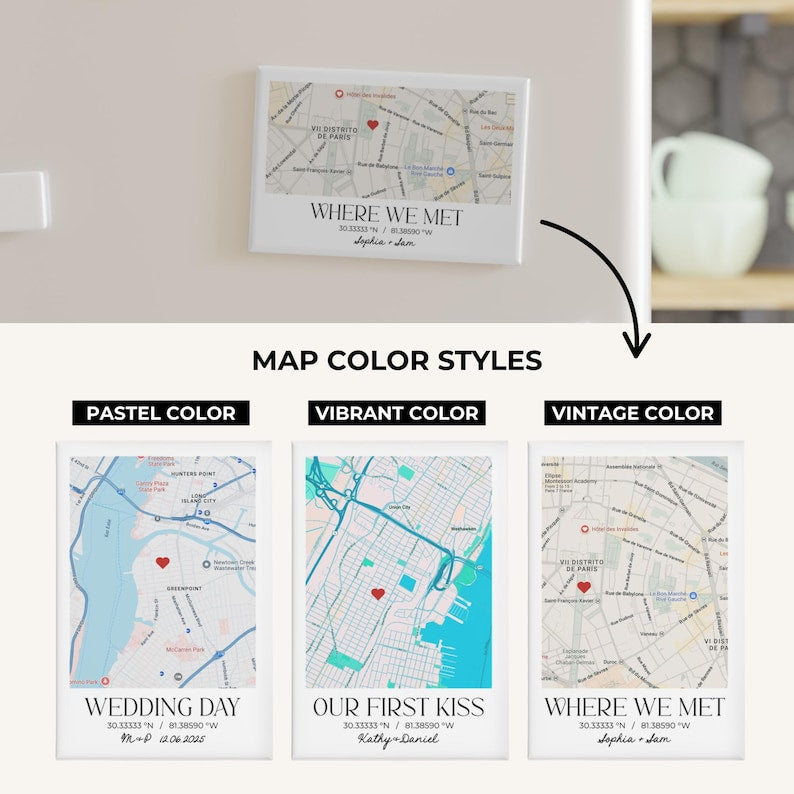 Custom Magnet Where We Met Map, Personalized Location Map Fridge Magnet, Wedding Map Anniversary Gift, Map With Coordinates Gift for Couples