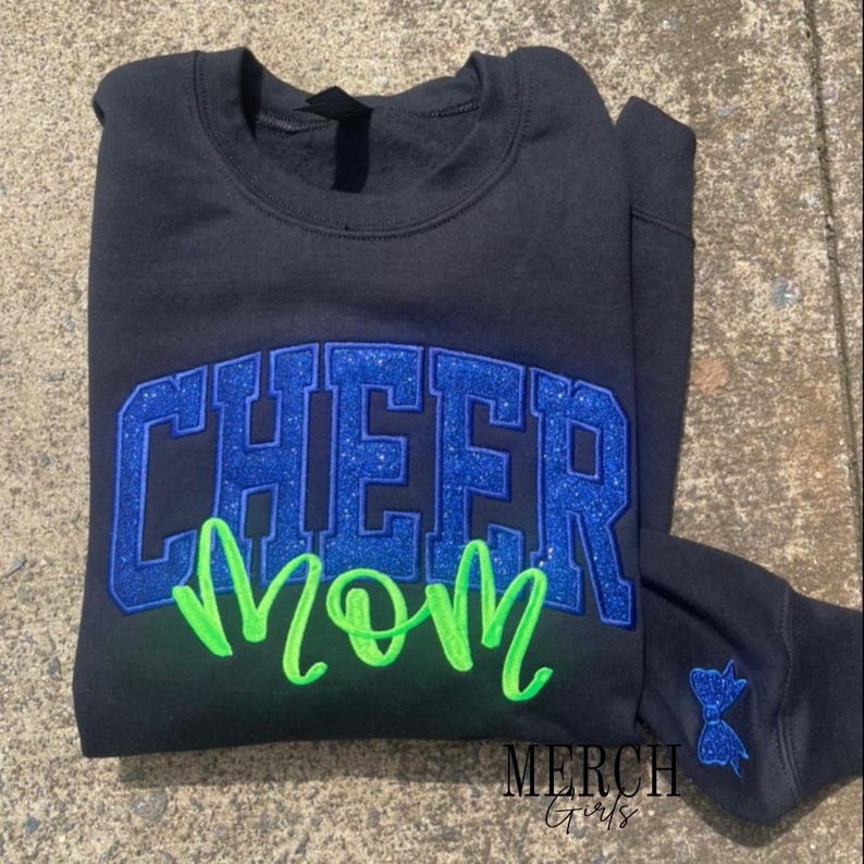 Cheer Mom Sweatshirt or Comfort Color Tee, Glitter Applique Embroidered with Name Personalized Cheer Shirt