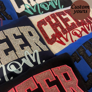 Cheer Mom Sweatshirt or Comfort Color Tee, Glitter Applique Embroidered with Name Personalized Cheer Shirt