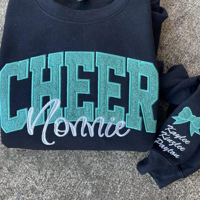 Cheer Mom Sweatshirt or Comfort Color Tee, Glitter Applique Embroidered with Name Personalized Cheer Shirt