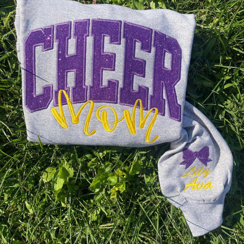 Cheer Mom Sweatshirt or Comfort Color Tee, Glitter Applique Embroidered with Name Personalized Cheer Shirt