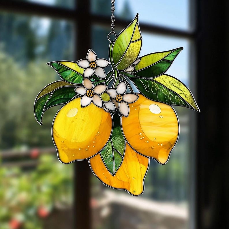 Lemon Blossom Acrylic Suncatcher Faux Stained Glass Window Hanging Yellow Citrus and White Flower Decor Fresh Kitchen Gift Idea