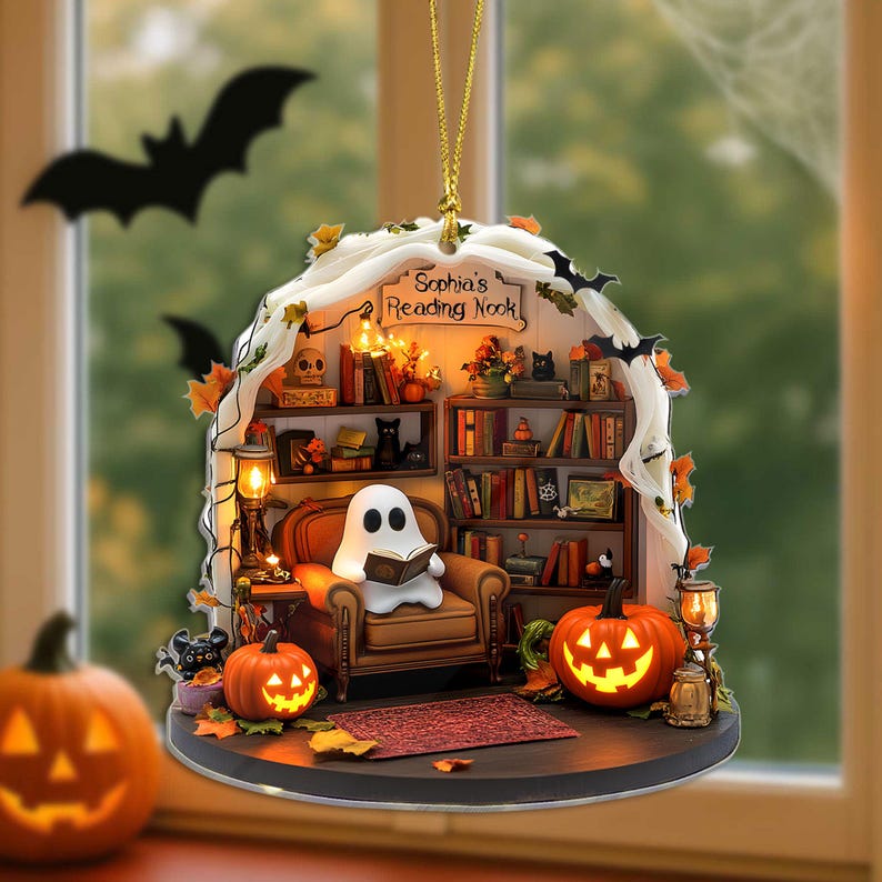 Personalized Ghost Reading Nook 2D FLAT Acrylic Ornament, Halloween Gift For Friends/ Kids/ Family, Halloween Bookish Ghost Ornament Decor