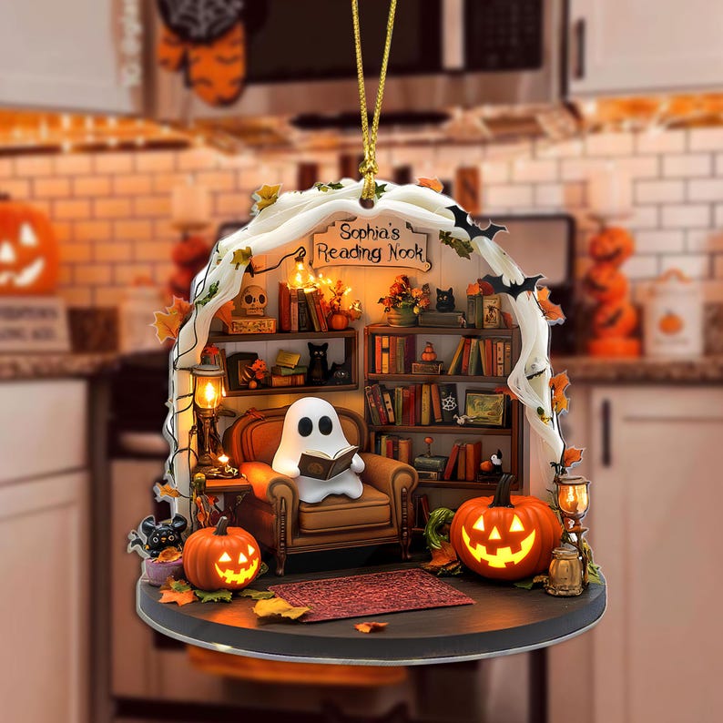 Personalized Ghost Reading Nook 2D FLAT Acrylic Ornament, Halloween Gift For Friends/ Kids/ Family, Halloween Bookish Ghost Ornament Decor