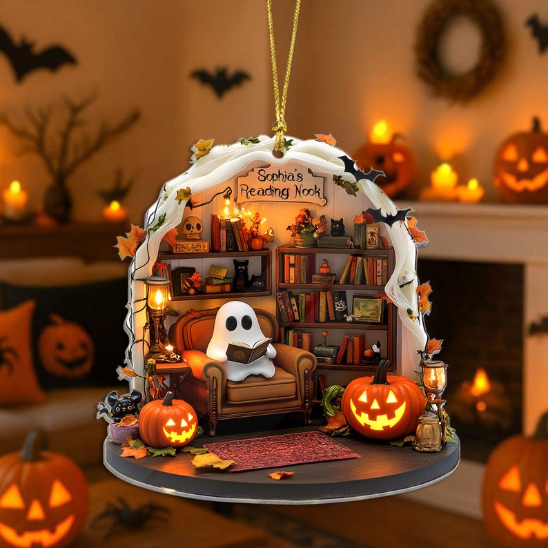 Personalized Ghost Reading Corner 2D FLAT Acrylic Halloween Ornament, Cozy Ghost Book Lover Ornament, Halloween Home Decor for Bookworms