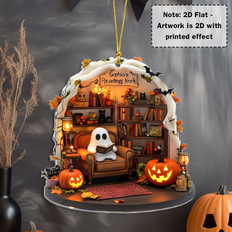 Personalized Ghost Reading Corner 2D FLAT Acrylic Halloween Ornament, Cozy Ghost Book Lover Ornament, Halloween Home Decor for Bookworms