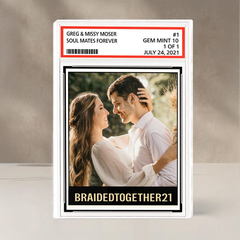 Custom Couple Photo Trading Card Style Acrylic Block Plaque, Soulmates Forever, Married Newlywed Wedding Anniversary Gift Husband Wife