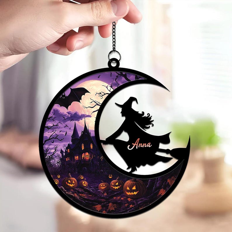 Personalized Halloween Witch Suncatcher Custom Name Flying Witch Window Ornament with Haunted House & Pumpkins Spooky Fall Decor