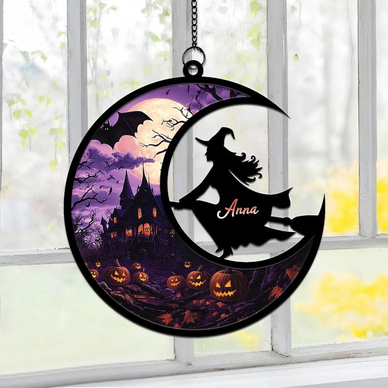 Personalized Halloween Witch Suncatcher Custom Name Flying Witch Window Ornament with Haunted House & Pumpkins Spooky Fall Decor