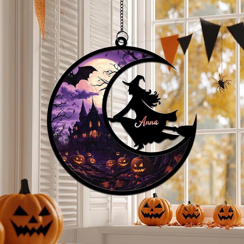 Personalized Halloween Witch Suncatcher Custom Name Flying Witch Window Ornament with Haunted House & Pumpkins Spooky Fall Decor