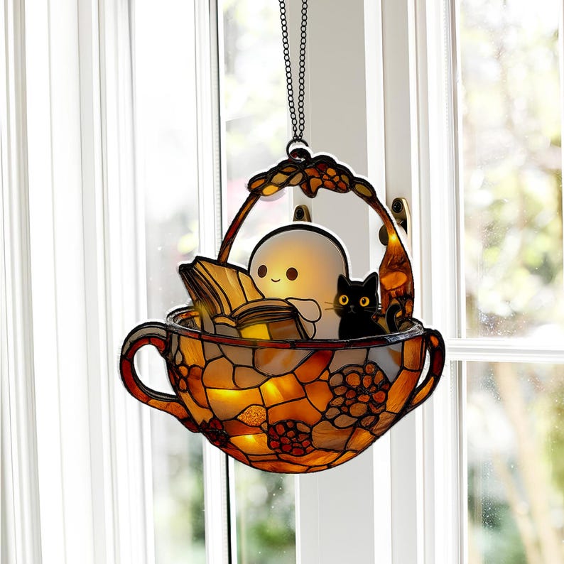 Cute Ghost Reading Book Acrylic Ornament, Teacup Faux Stained Glass Window Hanging, Halloween Bookish Gift, Black Cat Spooky Bathroom Decor