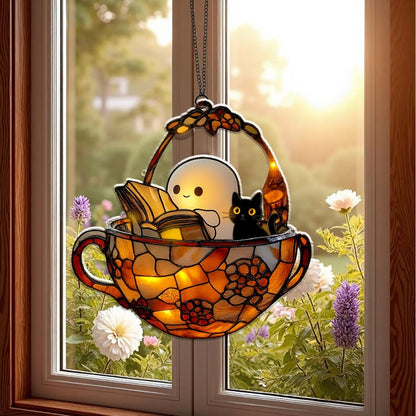 Cute Ghost Reading Book Acrylic Ornament, Teacup Faux Acrylic Window Hanging, Halloween Bookish Gift, Black Cat Spooky Bathroom Decor