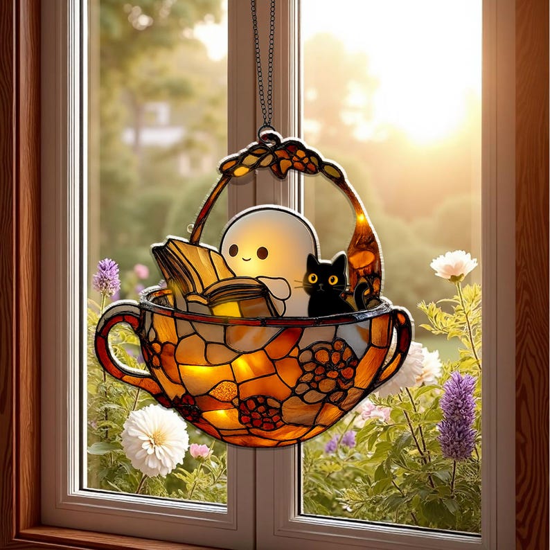 Cute Ghost Reading Book Acrylic Ornament, Teacup Faux Stained Glass Window Hanging, Halloween Bookish Gift, Black Cat Spooky Bathroom Decor