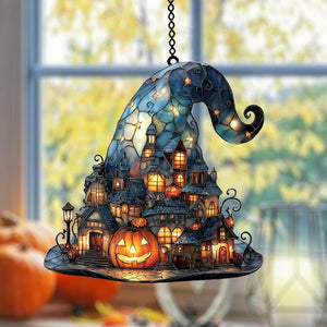 Witch Hat Village Acrylic Suncatcher, Halloween Town Faux Stained Glass Window Hanging, Spooky Home Decor for Halloween