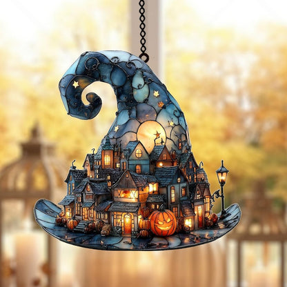 Witch Hat Village Acrylic Suncatcher, Halloween Town Faux Acrylic Window Hanging, Spooky Home Decor for Halloween