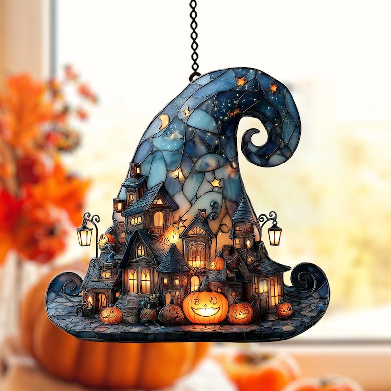 Witch Hat Village Acrylic Suncatcher, Halloween Town Faux Acrylic Window Hanging, Spooky Home Decor for Halloween