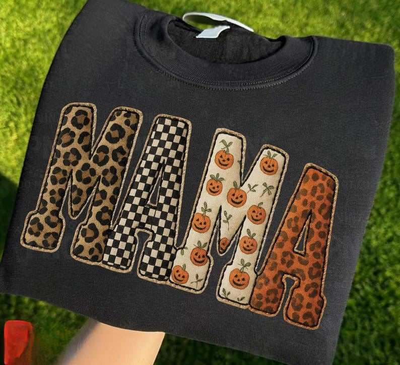 Fall Mama T-Shirt, Halloween Patchwork Letters Clipart, Pumpkin Leopard Checkered Shirt, Cozy Autumn Shirt