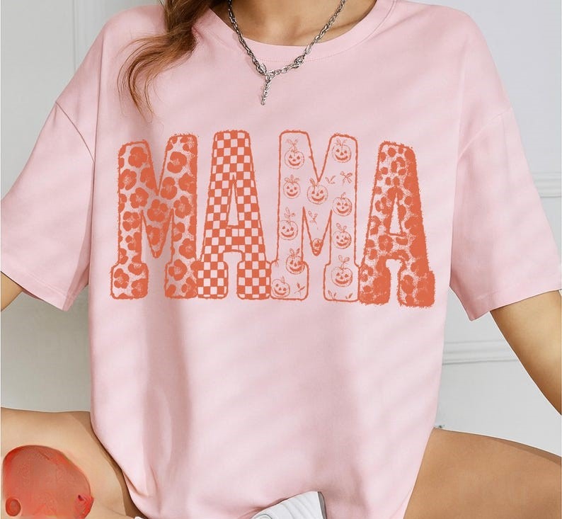 Fall Mama T-Shirt, Halloween Patchwork Letters Clipart, Pumpkin Leopard Checkered Shirt, Cozy Autumn Shirt