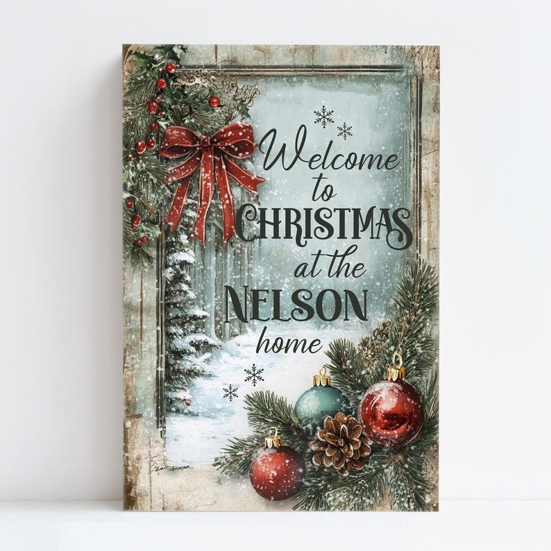 Holiday Gift Personalized Sign with Family Name - Welcome to Christmas - Home Decor, Wall Art, Seasonal Room Decorations