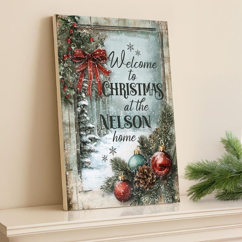 Holiday Gift Personalized Sign with Family Name - Welcome to Christmas - Home Decor, Wall Art, Seasonal Room Decorations