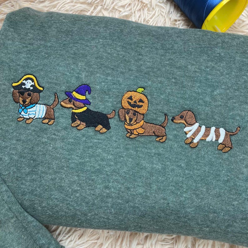 Dachshund Halloween Embroidered Sweatshirt, Cute Dog Costume Crewneck, Spooky Season Fall Dog Shirt, Wiener Dog Lover Tee, Dog Mom Shirt