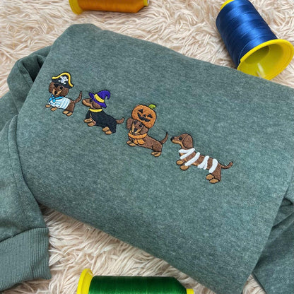Dachshund Halloween Embroidered Sweatshirt, Cute Dog Costume Crewneck, Spooky Season Fall Dog Shirt, Wiener Dog Lover Tee, Dog Mom Shirt