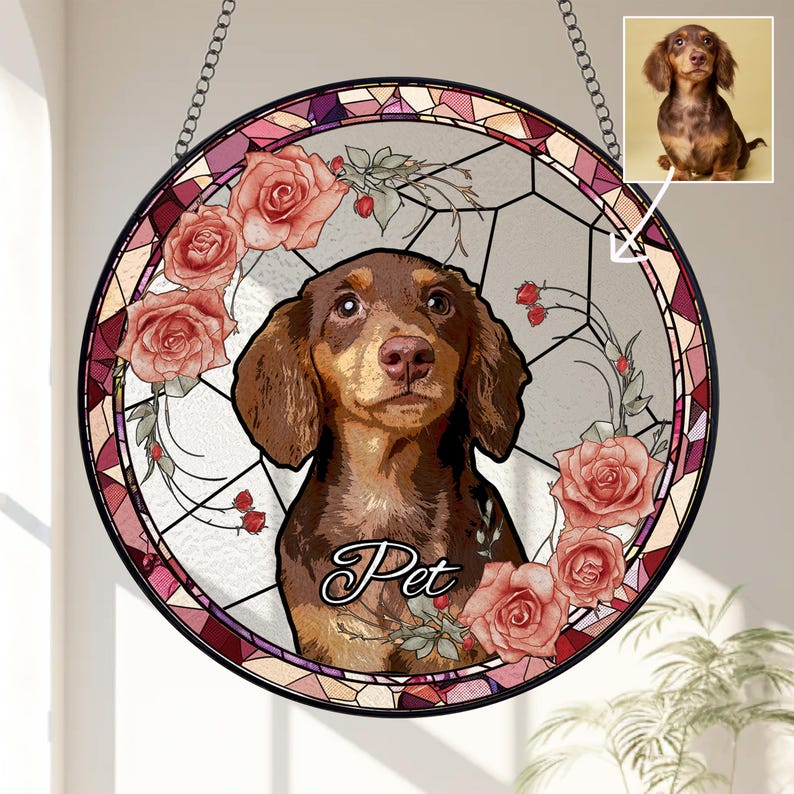 New Shape Pet Memorial Stained Glass Suncatcher, Personalized Dog Portrait Sympathy Gifts, Pet Loss Gifts, Pet Keepsake Stained Glass