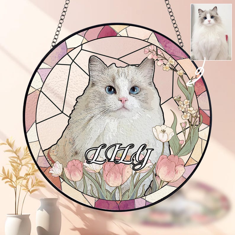 New Shape Pet Memorial Stained Glass Suncatcher, Personalized Dog Portrait Sympathy Gifts, Pet Loss Gifts, Pet Keepsake Stained Glass