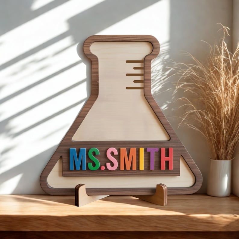 Personalized Science Teacher Beaker Sign: 3D Wooden Classroom Decor