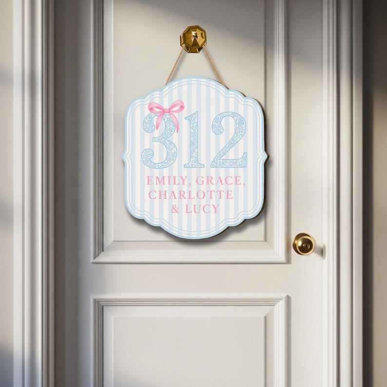 Custom Dorm Room Door Sign Personalized Chinoiserie Room Number Plaque Blue and Pink Roommate Name Sign College Decor