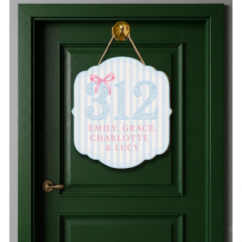 Custom Dorm Room Door Sign Personalized Chinoiserie Room Number Plaque Blue and Pink Roommate Name Sign College Decor