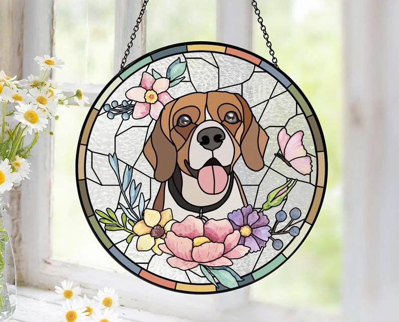 Custom Pet Stained Glass Suncatcher, Personalized Dog Memorial Portrait Suncatcher, Dog Cat Loss Glass Suncatcher, Pet Memorial Gift