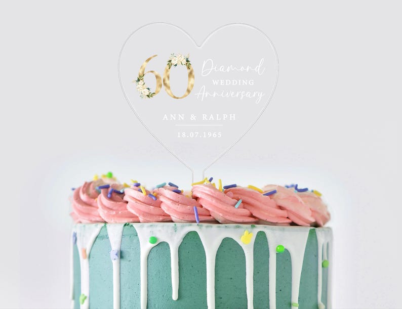 Diamond Wedding Personalised Heart Shaped Cake Topper | Diamond Wedding Cake Topper | Diamond Wedding Anniversary|Diamond Wedding Decoration