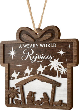 Nativity Scene Ornament for Men, Women, Family, A Weary World Rejoices,2 Layered Wooden Ornament, Christmas Tree Ornaments