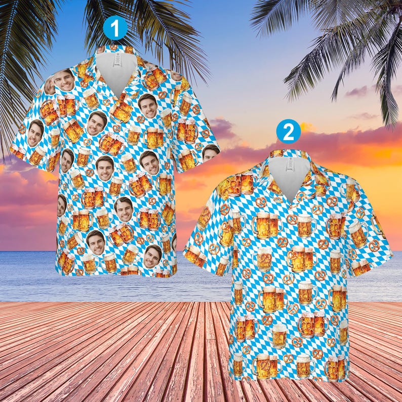 Custom Face Oktoberfest Hawaiian Shirt, Funny German Beer Drinking Shirt, Bavarian Flag And Pretzel Button Up, German Beer Festival Shirt