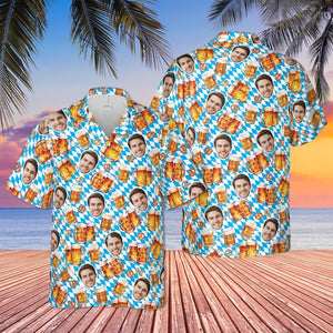 Custom Face Oktoberfest Hawaiian Shirt, Funny German Beer Drinking Shirt, Bavarian Flag And Pretzel Button Up, German Beer Festival Shirt