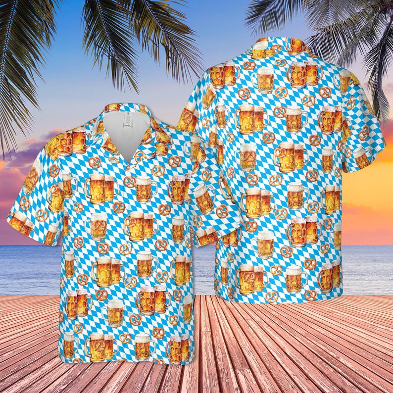 Custom Face Oktoberfest Hawaiian Shirt, Funny German Beer Drinking Shirt, Bavarian Flag And Pretzel Button Up, German Beer Festival Shirt